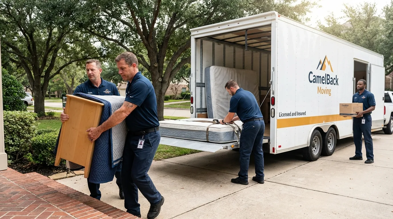Crew loading residential truck for cross-state move from Van Vleck, TX