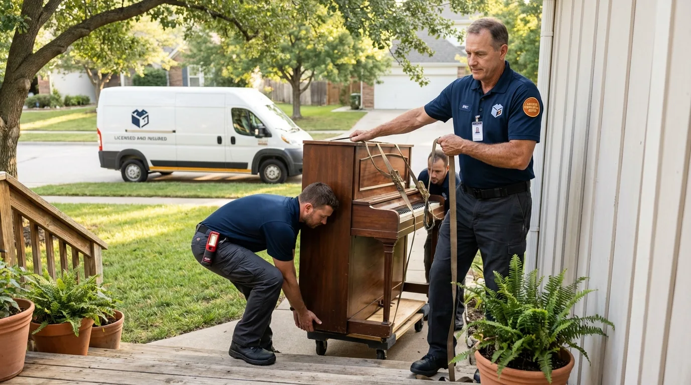 Licensed piano movers securing grand piano in Van Vleck, TX