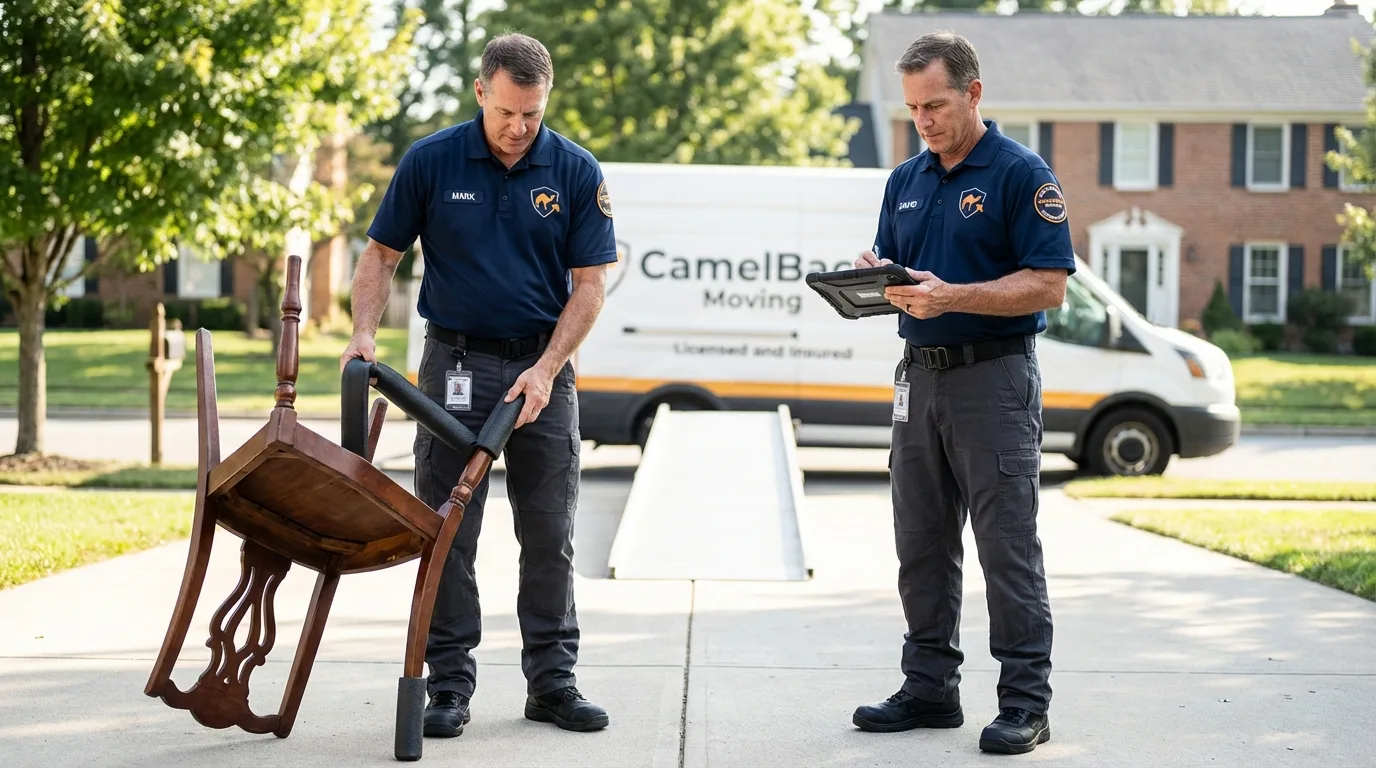 Movers inspecting furniture for damage prevention before loading in Van Vleck, TX