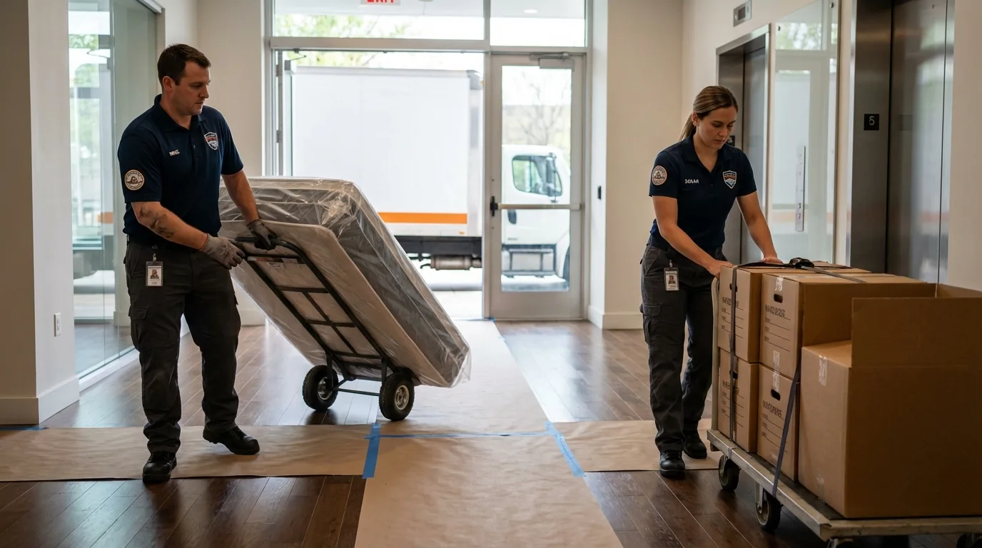 Professional apartment movers loading elevator in Van Vleck, TX